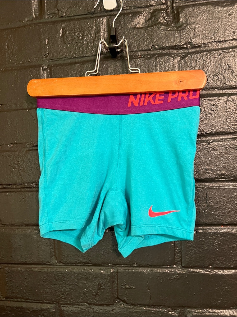 Nike Teal Shorts with Purple Waistband and Pink Swoosh